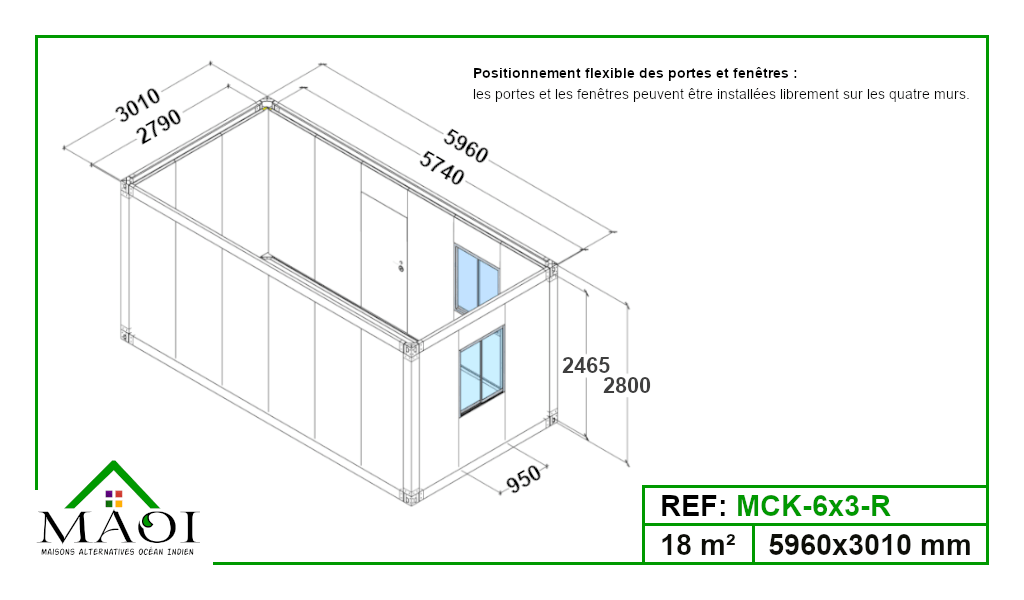 Dimensions maison container en kit renforcée 6×3m