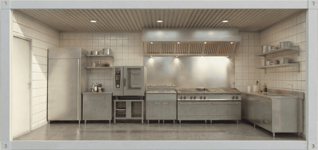 Maison container en kit aménagée en laboratoire cuisine professionnelle